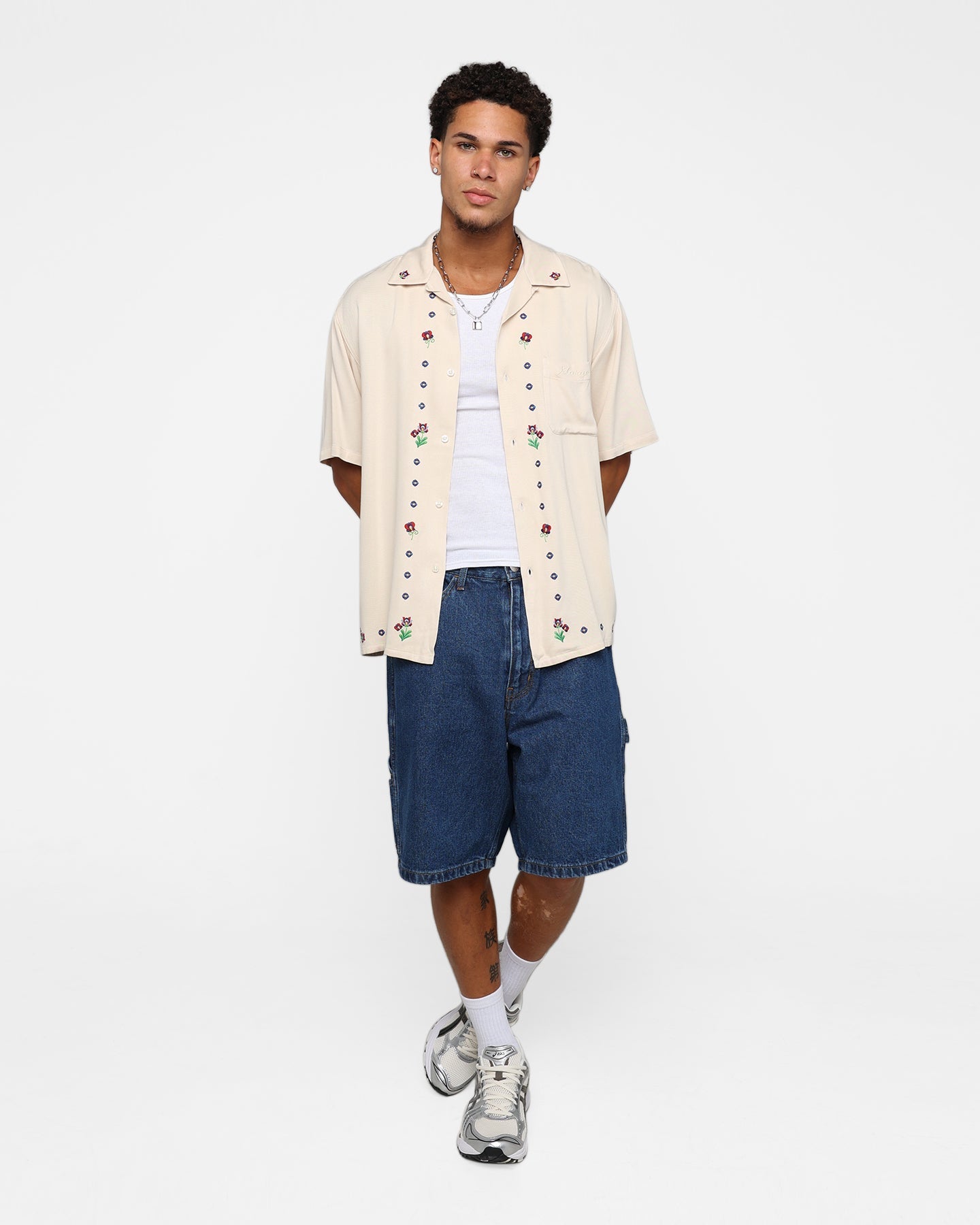 X-Large Flower Open Collar Short Sleeve Shirt Off White