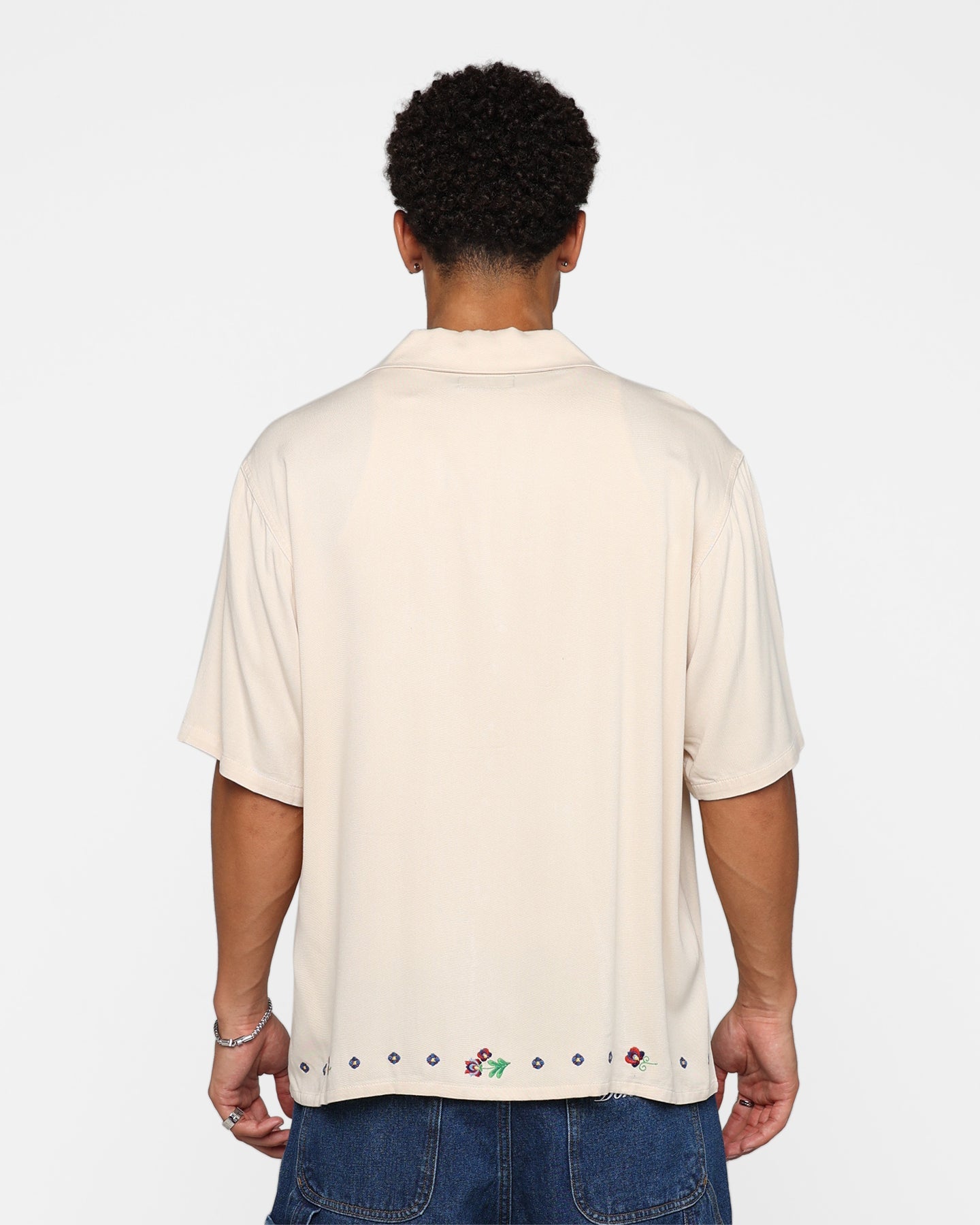 X-Large Flower Open Collar Short Sleeve Shirt Off White