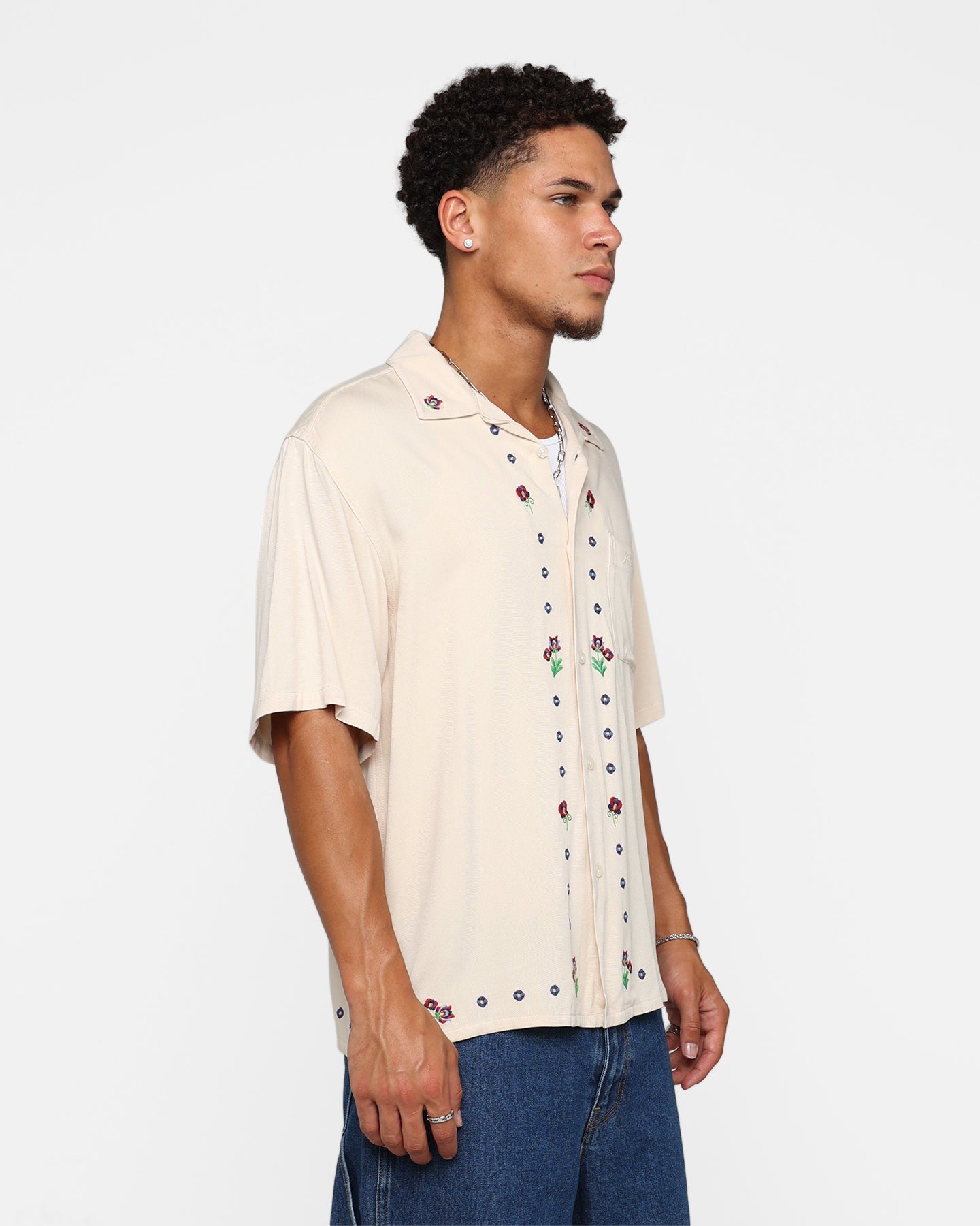 X-Large Flower Open Collar Short Sleeve Shirt Off White