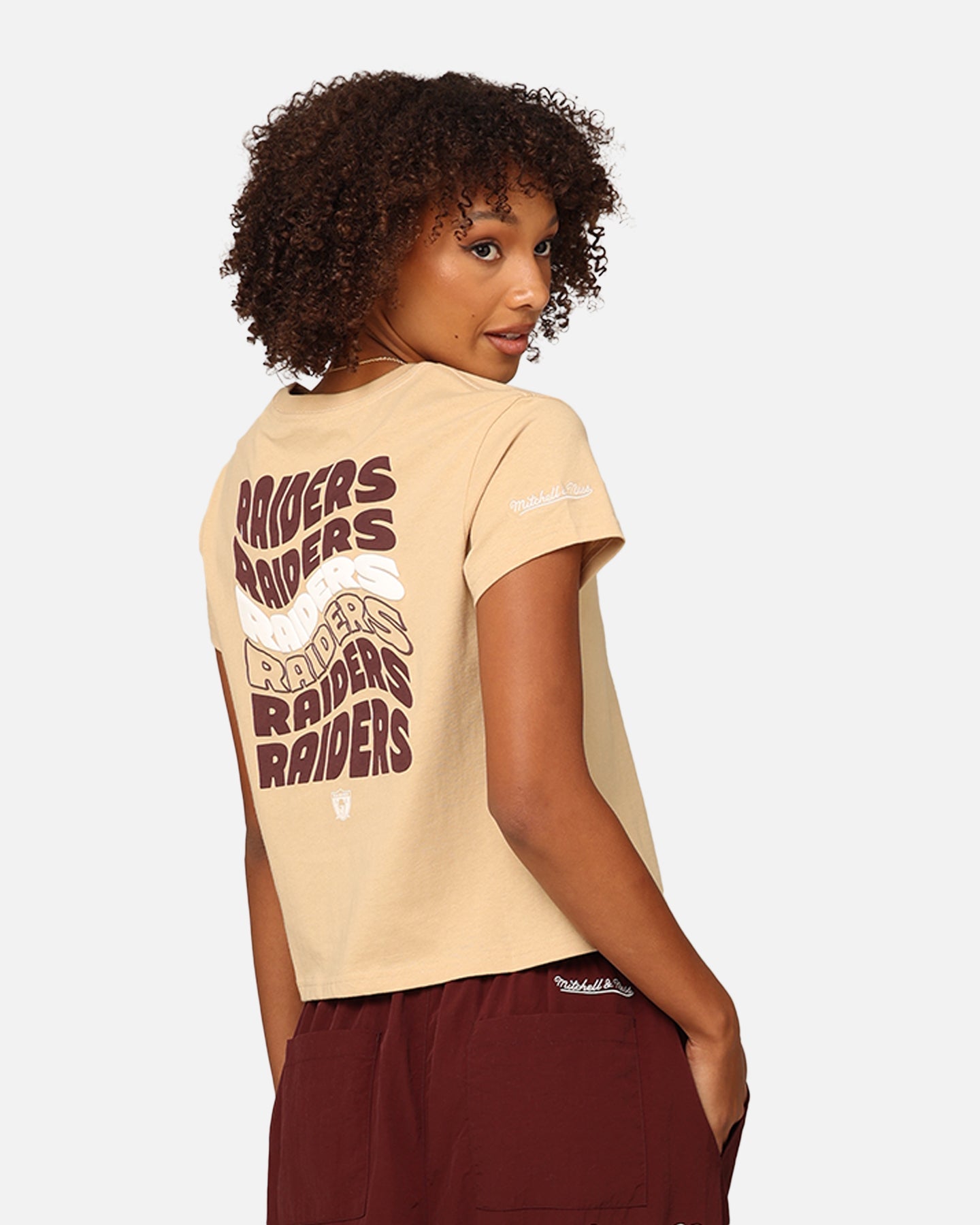 Mitchell & Ness Women's Los Angeles Raiders Wavey Text Shrunken Baby T-Shirt Warm Sand