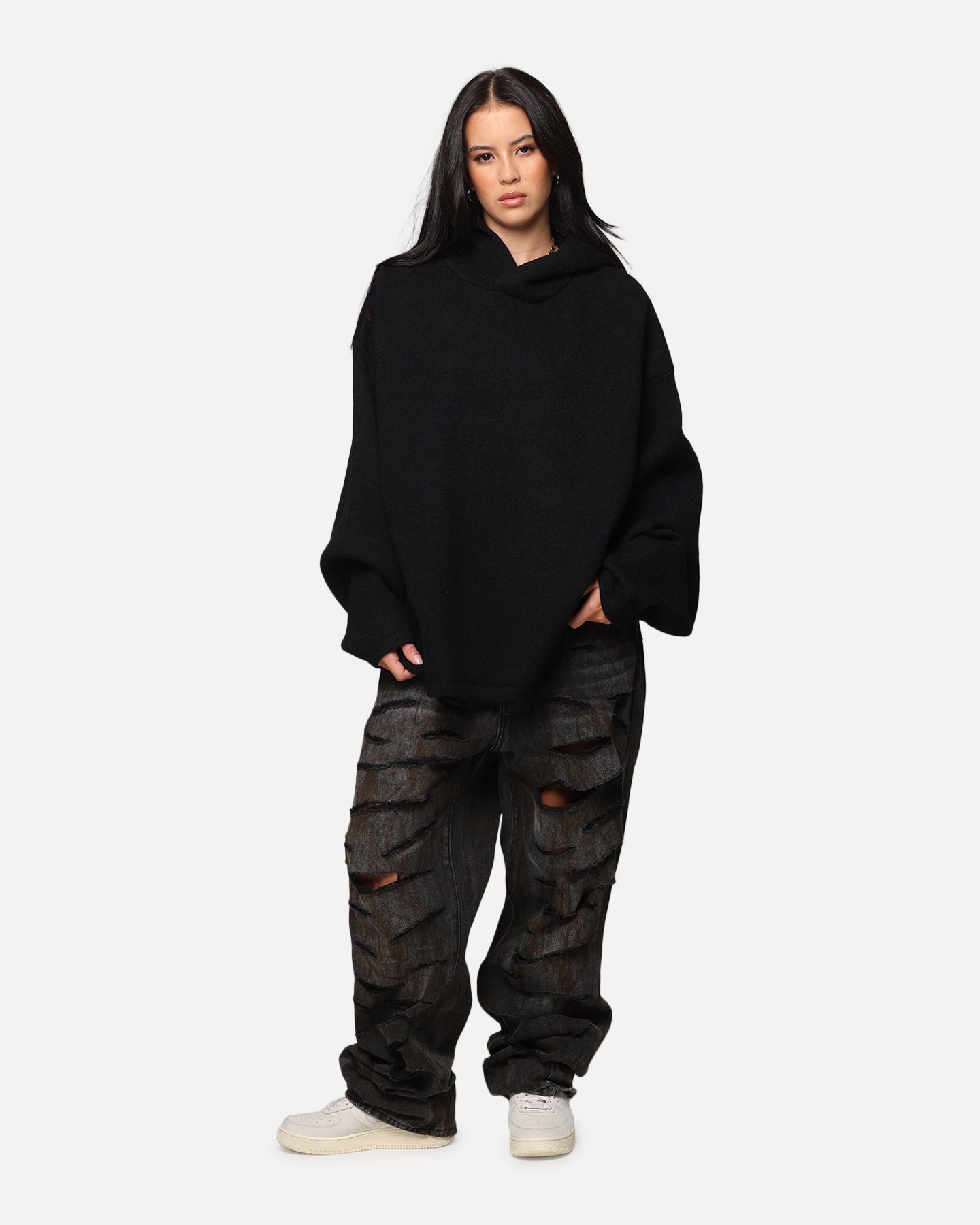 MNML Tonal Grain Knitted Hoodie Black