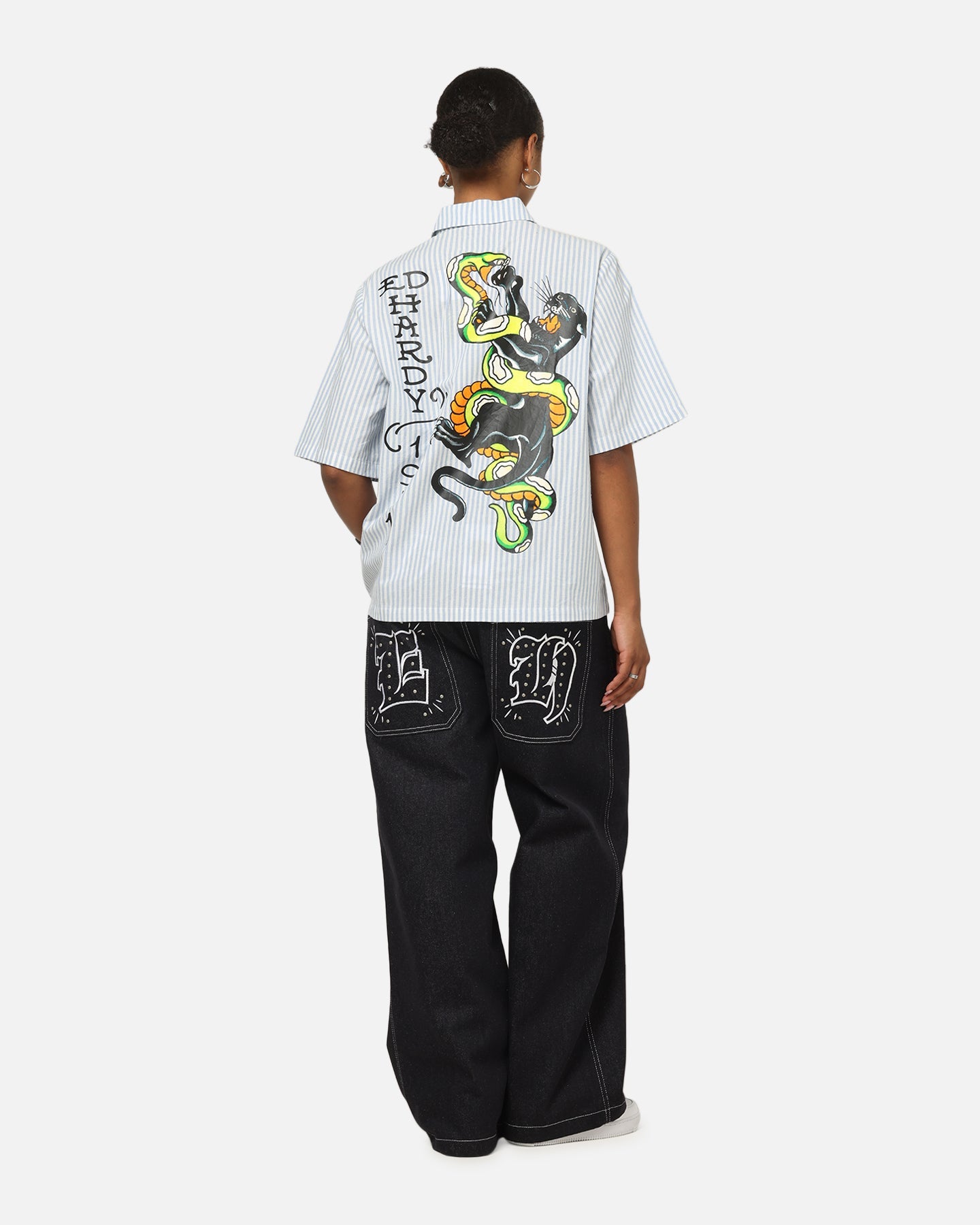 Ed Hardy Panther Button-Up Shirt Blue Pin Stripe