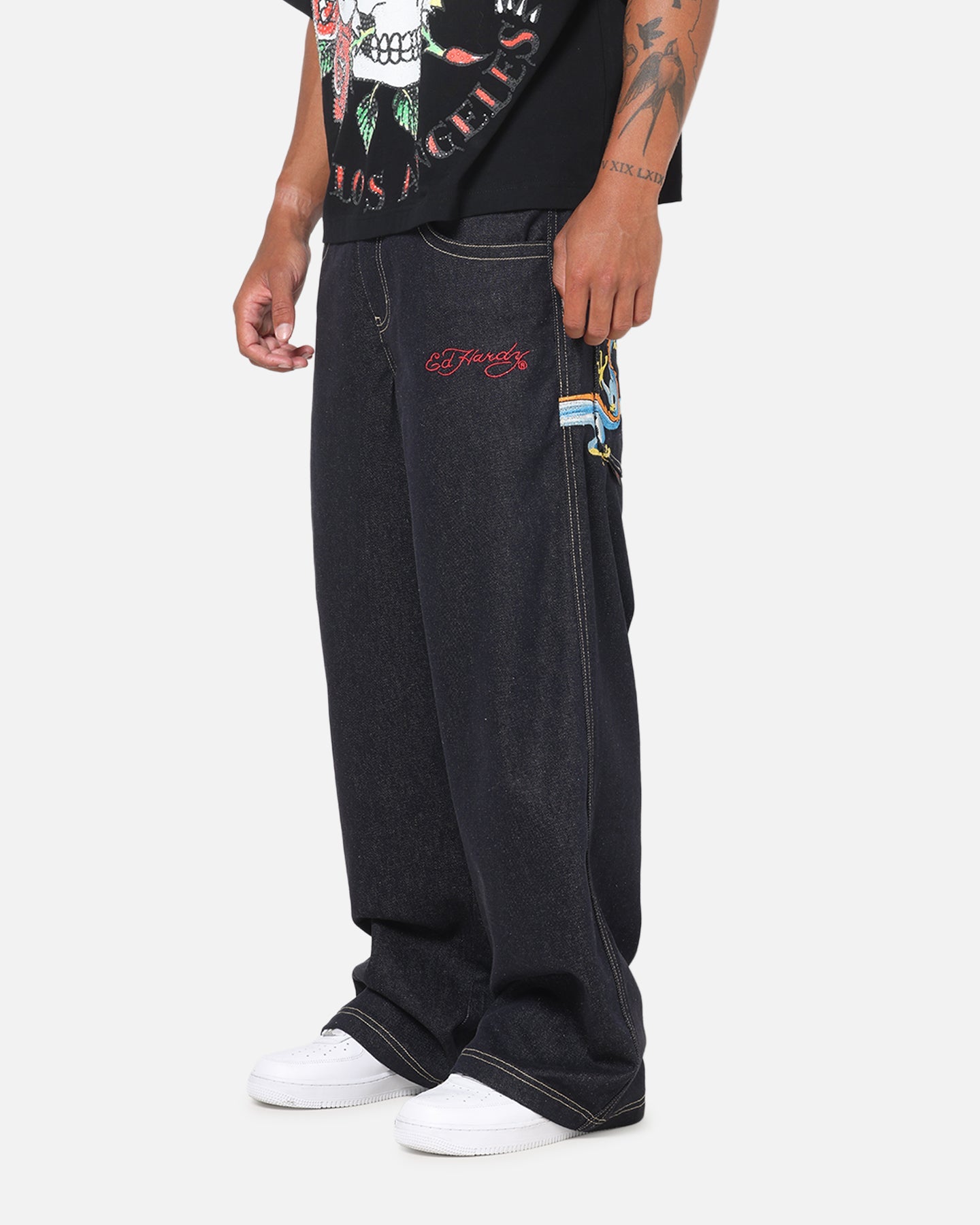 Ed Hardy Dragon Ultra Wide Leg Jeans Indigo Denim