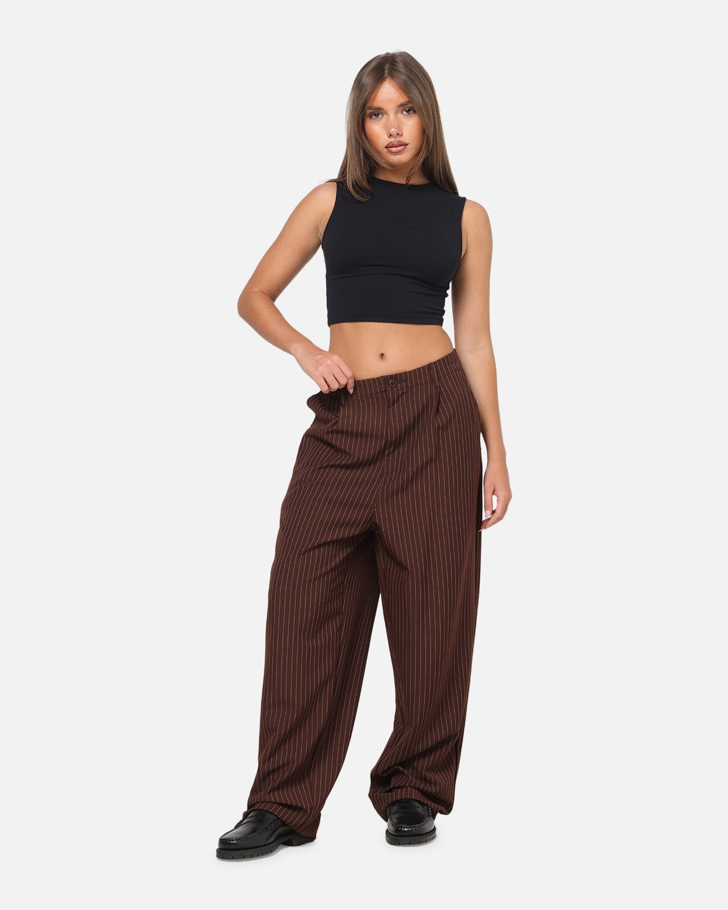 Carre Heritage Pleated Pants Brown Pinstripe