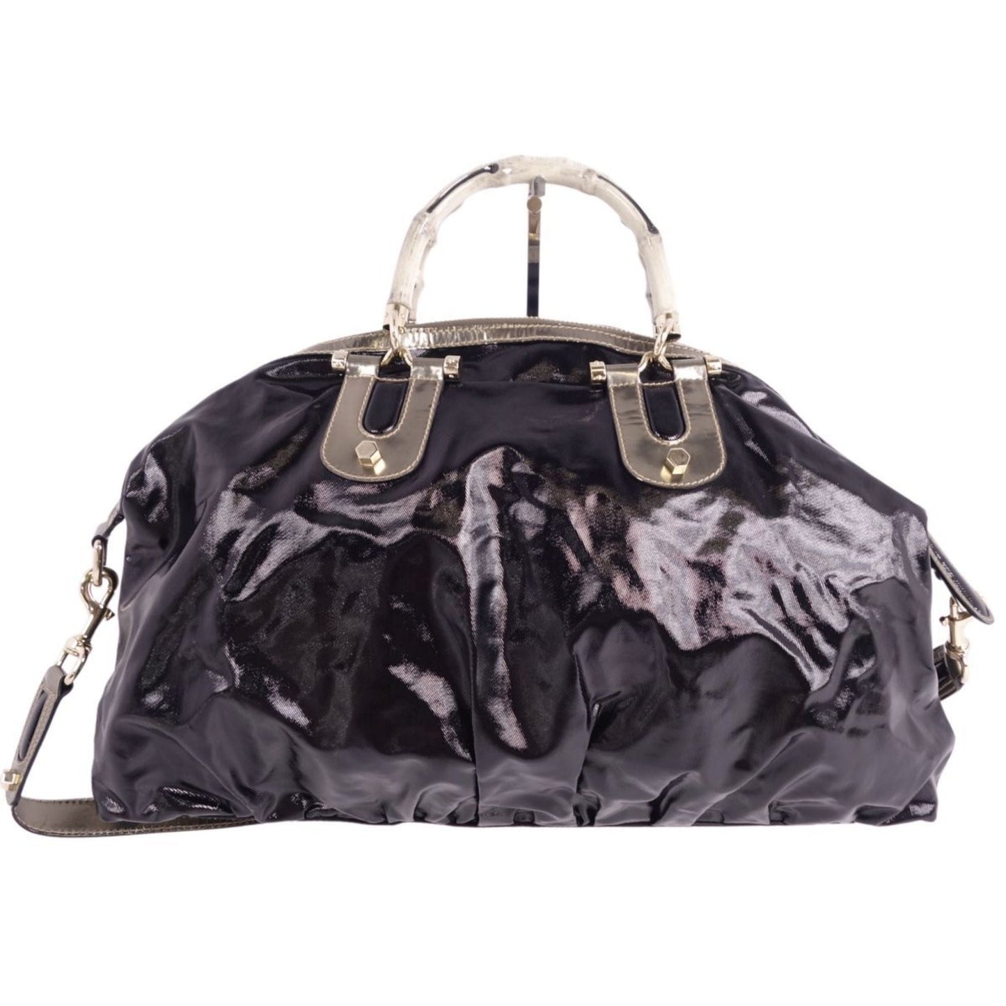 GUCCI bag 2way Boston canvas leather bamboo men's women's black/gold