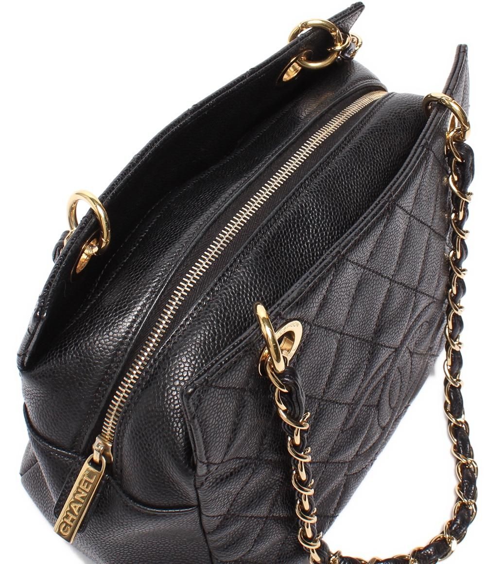 Chanel Chain Shoulder Bag Gold Quilted Caviar Leather Petit Timeless