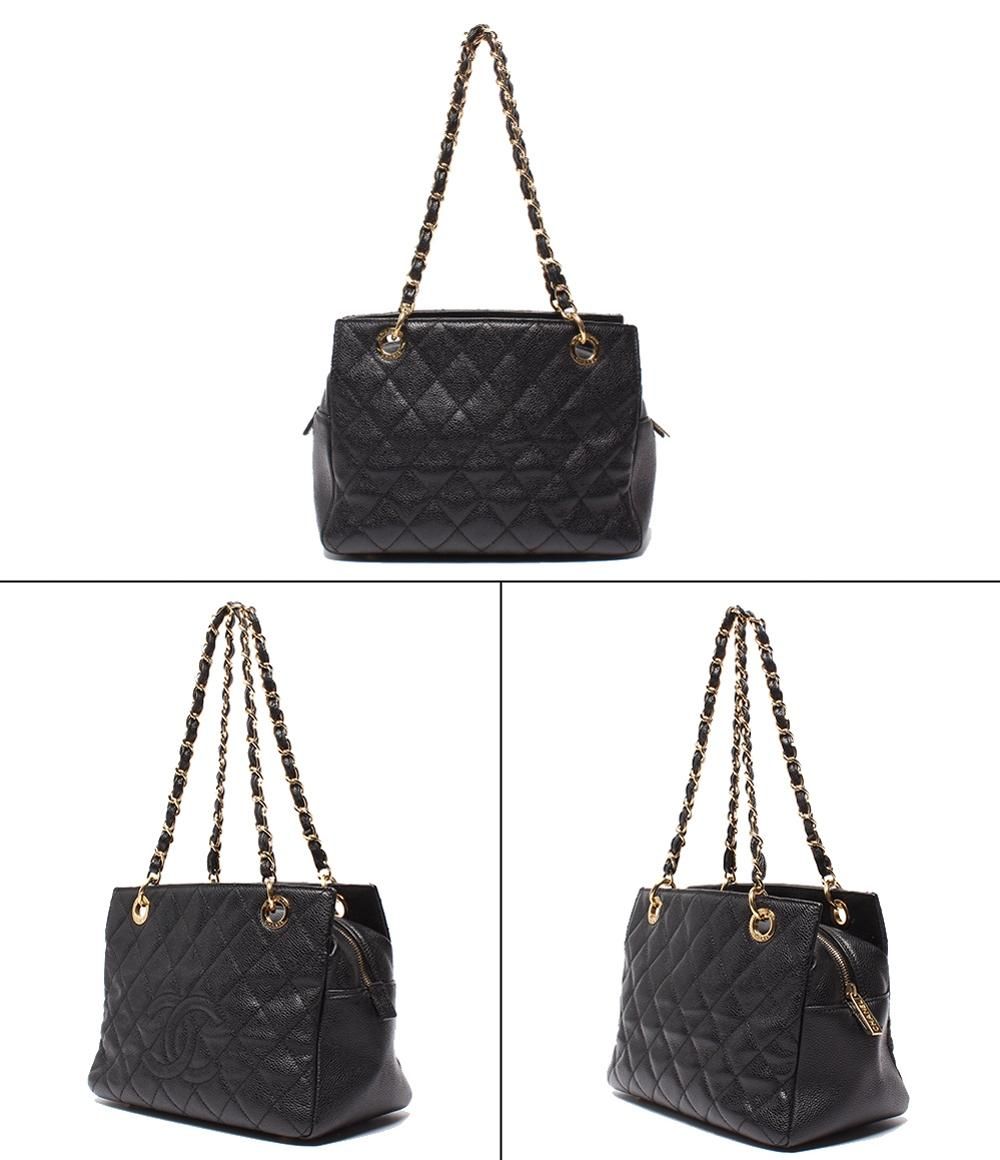 Chanel Chain Shoulder Bag Gold Quilted Caviar Leather Petit Timeless