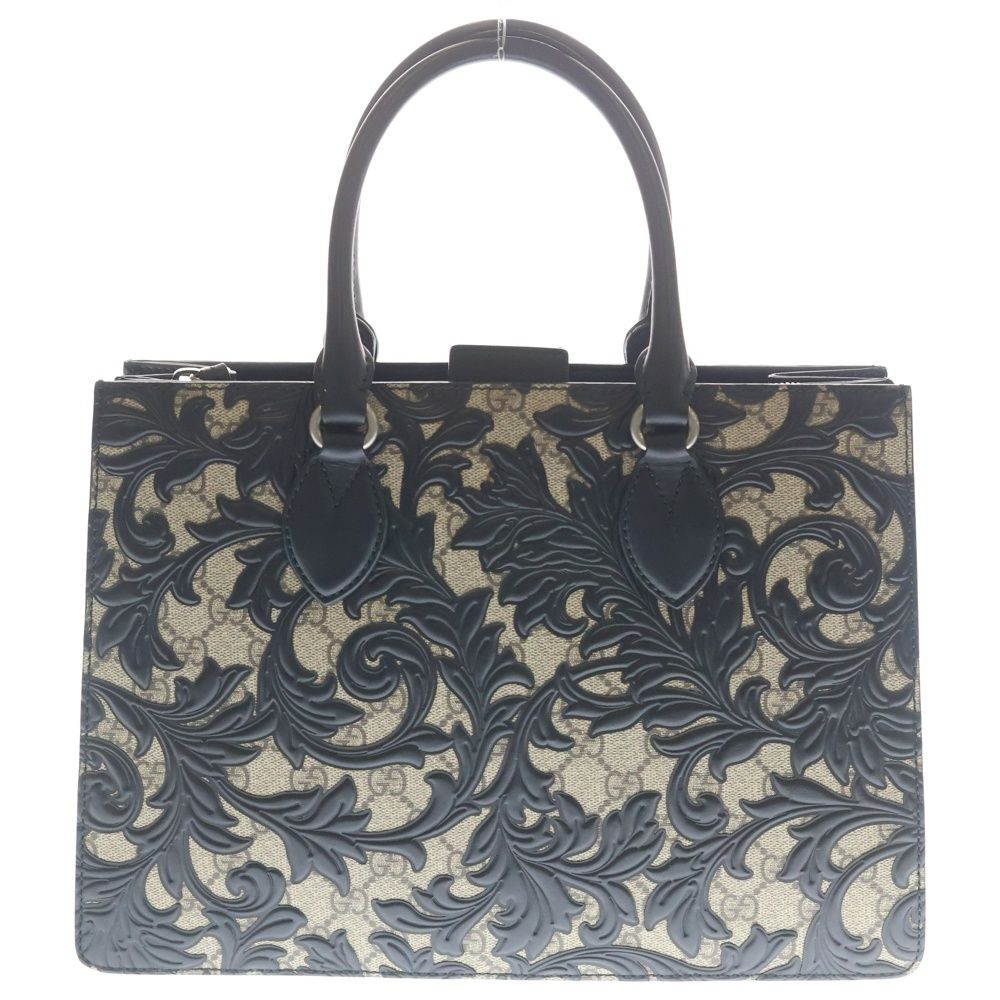 Gucci GG Supreme Arabesque Tote Beige Black Leather Silver
