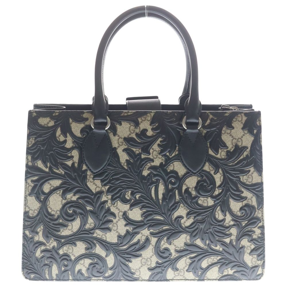 Gucci GG Supreme Arabesque Tote Beige Black Leather Silver