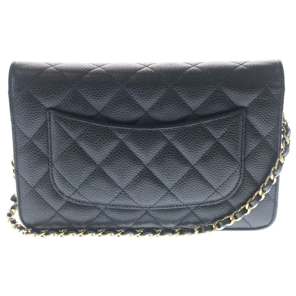 Chanel Quilted Chain Wallet Caviar Leather Shoulder Bag Gold Black Plate