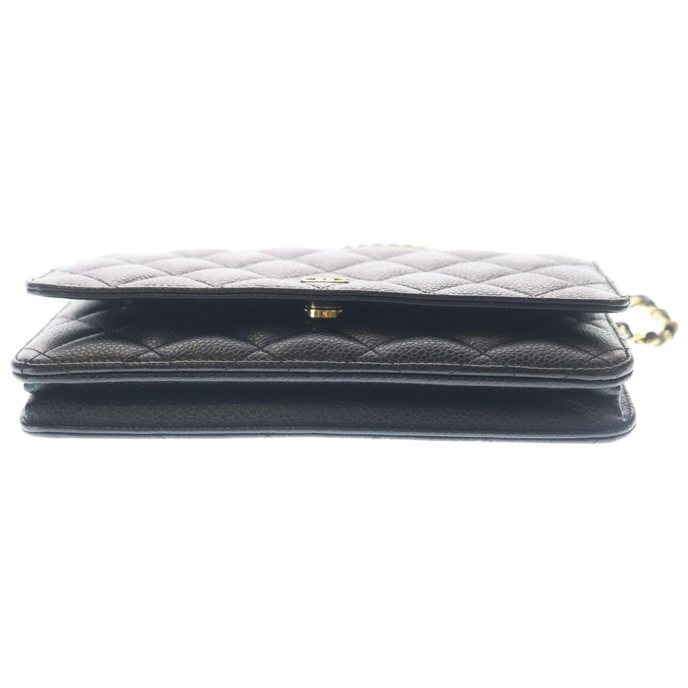 Chanel Quilted Chain Wallet Caviar Leather Shoulder Bag Gold Black Plate