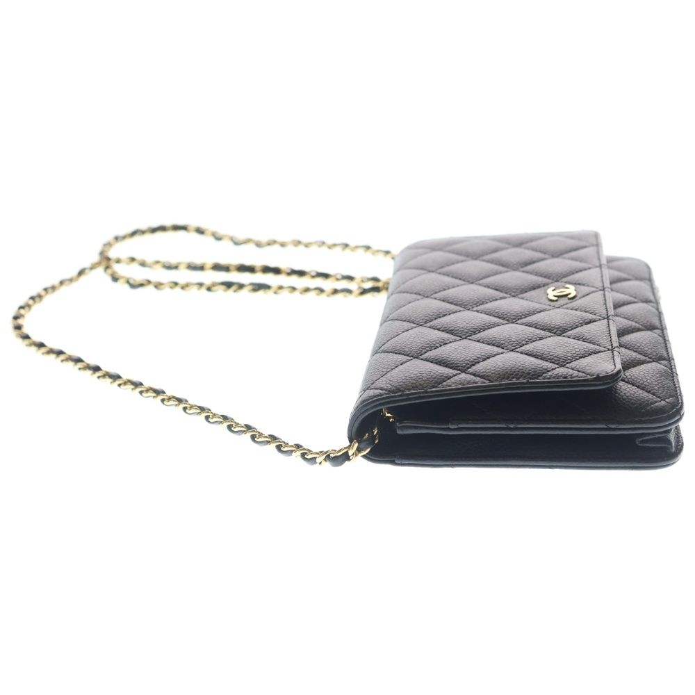 Chanel Quilted Chain Wallet Caviar Leather Shoulder Bag Gold Black Plate