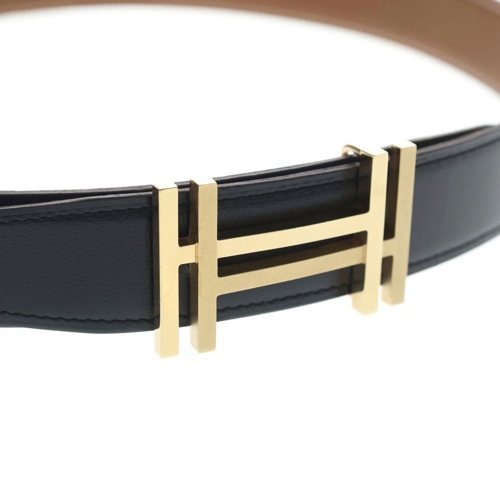 Hermes O Carre Gold Logo Buckle Reversible Leather Belt Black Brown