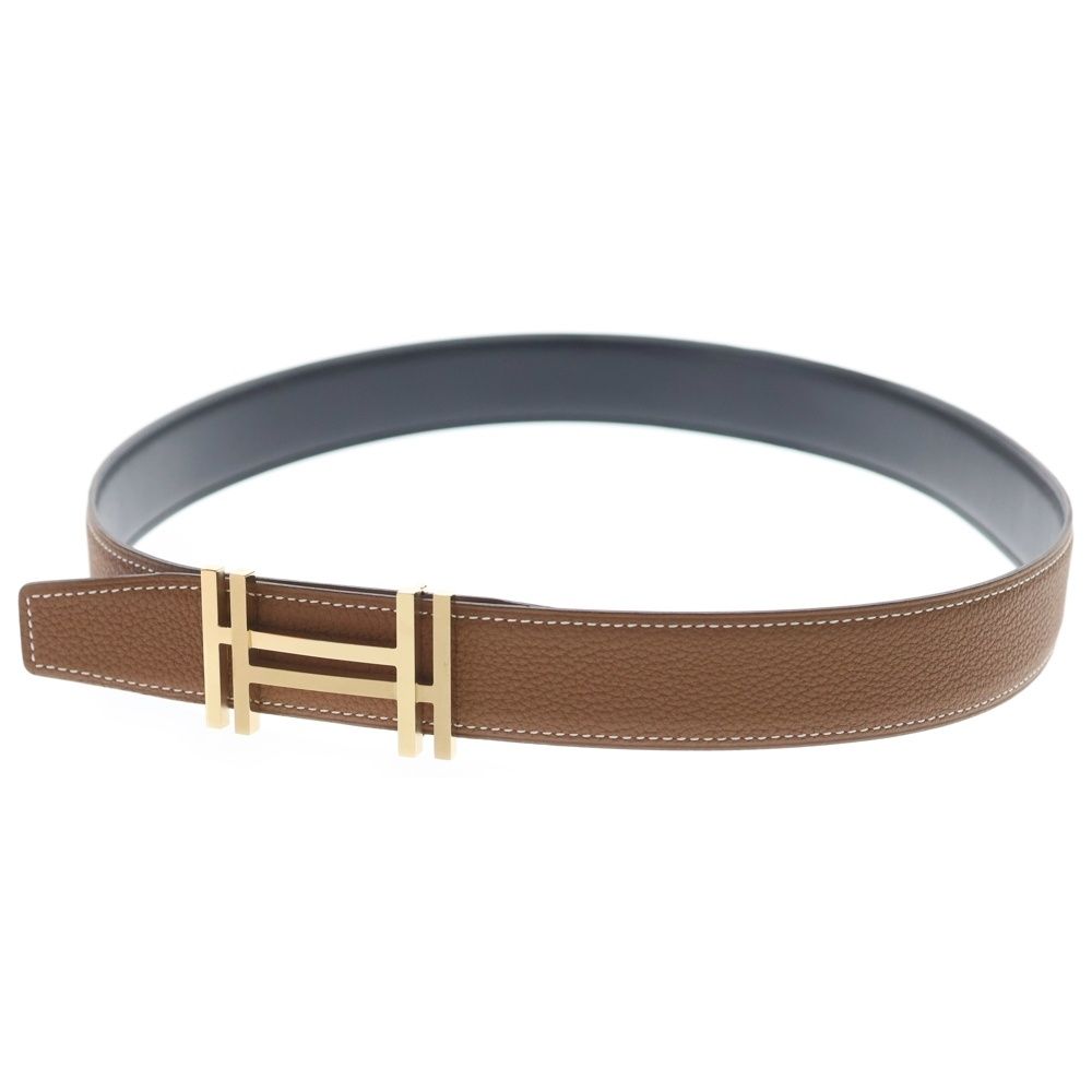 Hermes O Carre Gold Logo Buckle Reversible Leather Belt Black Brown