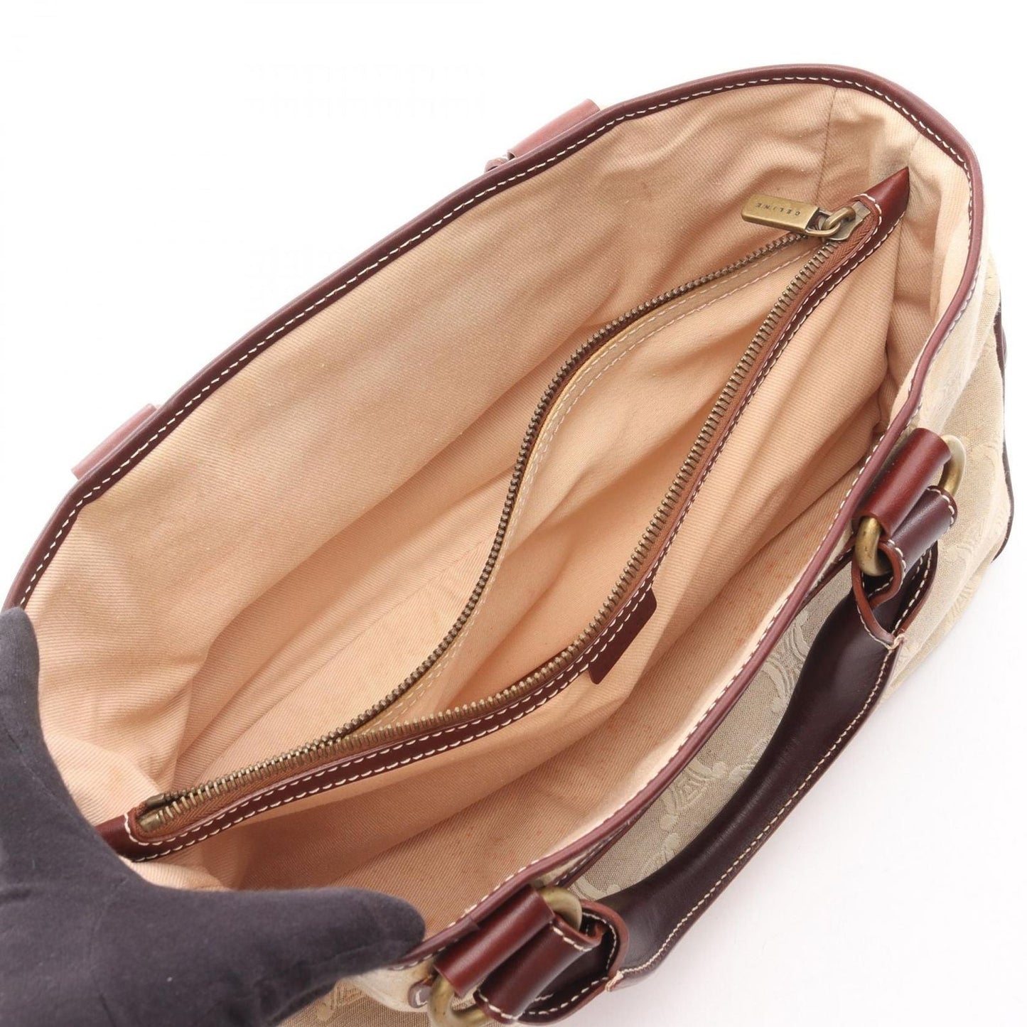 Celine Handbag Boogie Bag Beige Bordeaux Canvas Leather