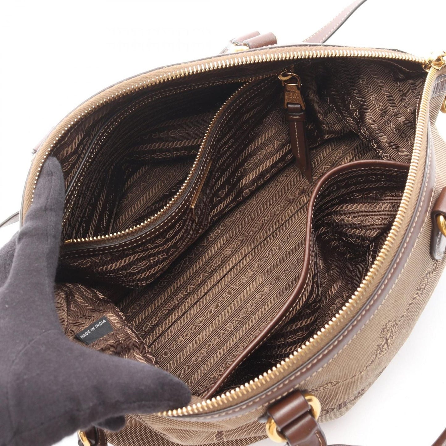 Prada Handbag Logo Jacquard 2-Way Beige Brown
