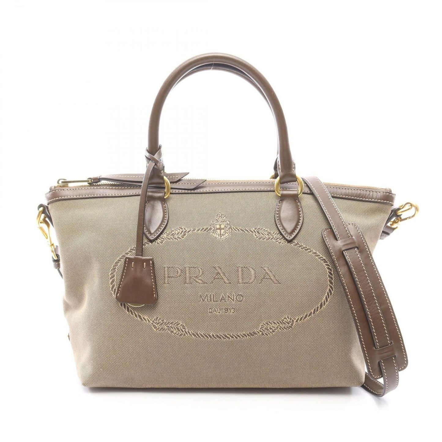 Prada Handbag Logo Jacquard 2-Way Beige Brown