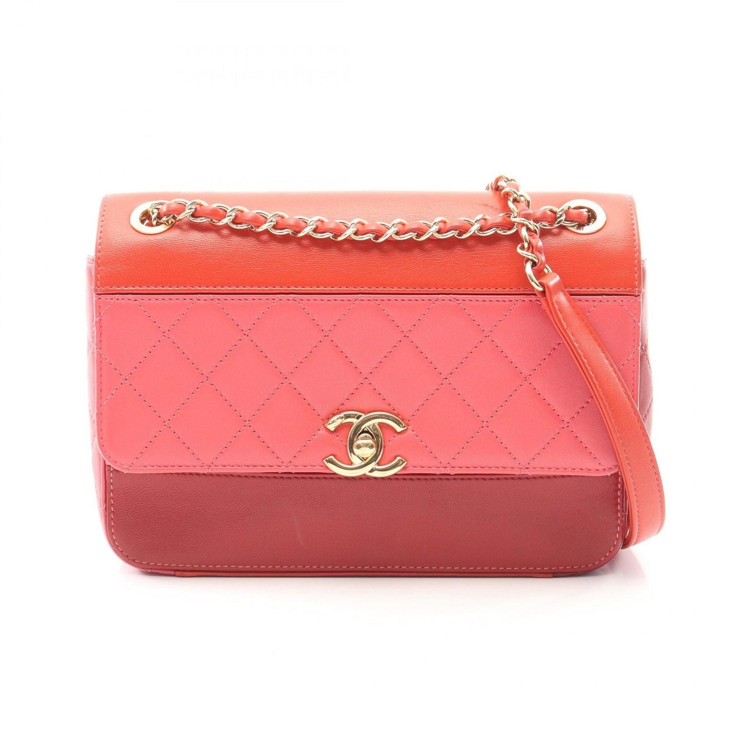 Chanel Shoulder Bag Quilted Red Pink Lambskin Bicolor Chain