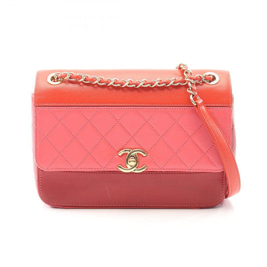 Chanel Shoulder Bag Quilted Red Pink Lambskin Bicolor Chain