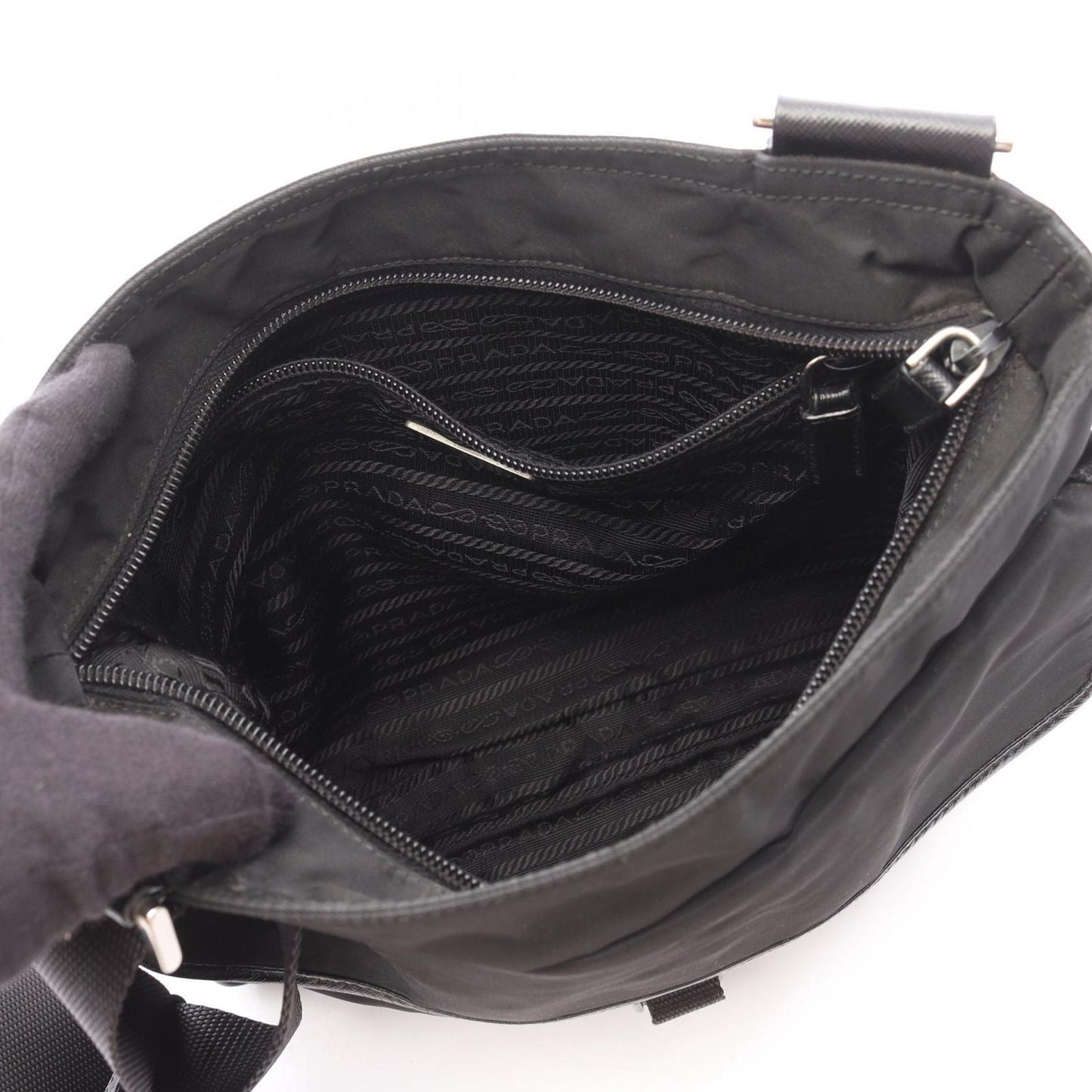 Prada Shoulder Bag Viaggio Black Nylon Saffiano Leather Triangle Logo Messenger