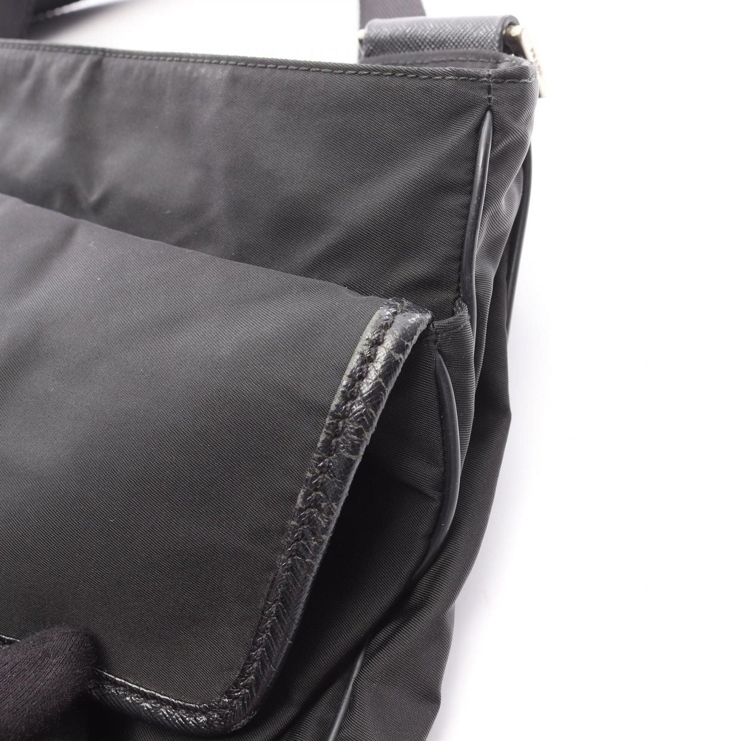 Prada Shoulder Bag Viaggio Black Nylon Saffiano Leather Triangle Logo Messenger