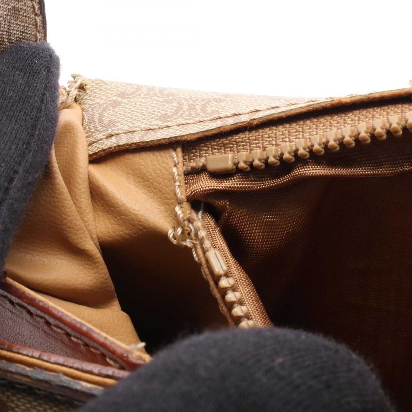 Celine Shoulder Bag Macadam Beige Brown Canvas Leather