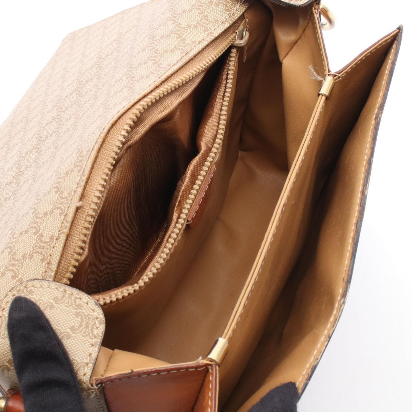 Celine Shoulder Bag Macadam Beige Brown Canvas Leather