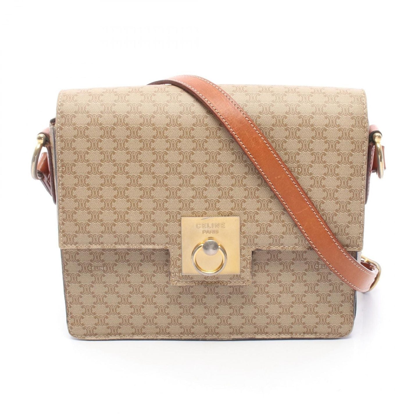 Celine Shoulder Bag Macadam Beige Brown Canvas Leather