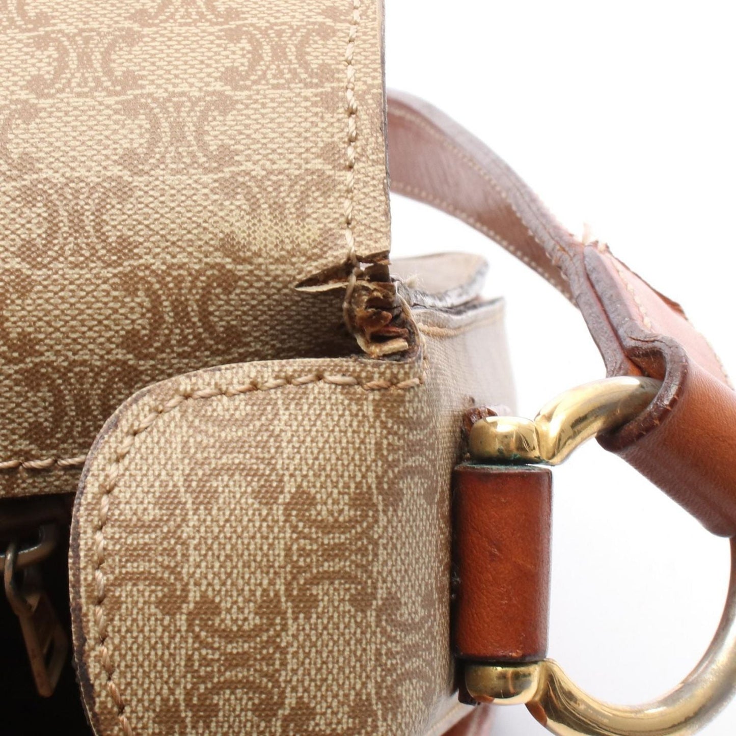 Celine Shoulder Bag Macadam Beige Brown Canvas Leather