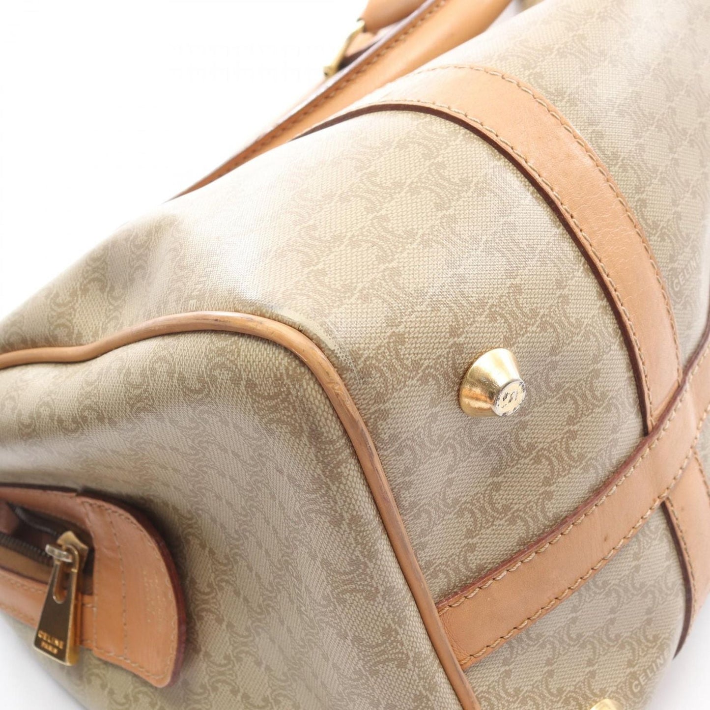 Celine Handbag Macadam Beige Brown Canvas Leather Mini Boston