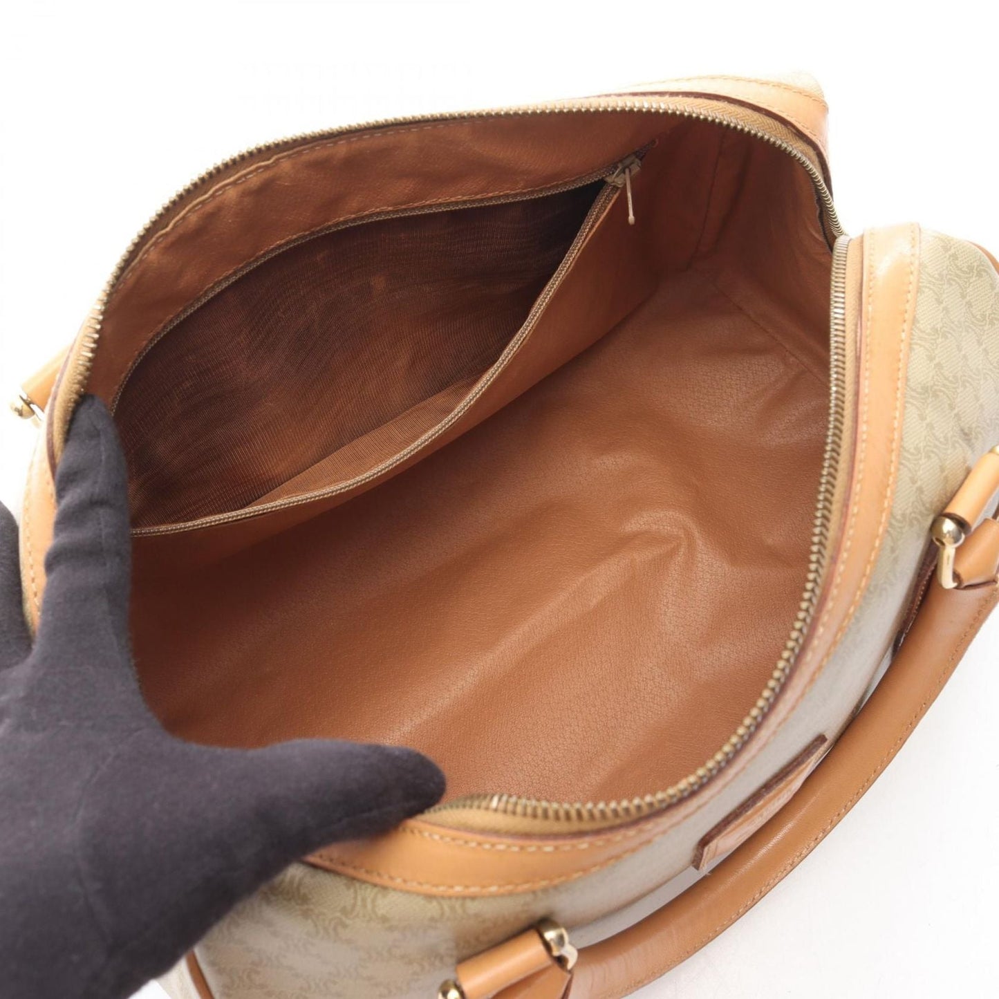 Celine Handbag Macadam Beige Brown Canvas Leather Mini Boston