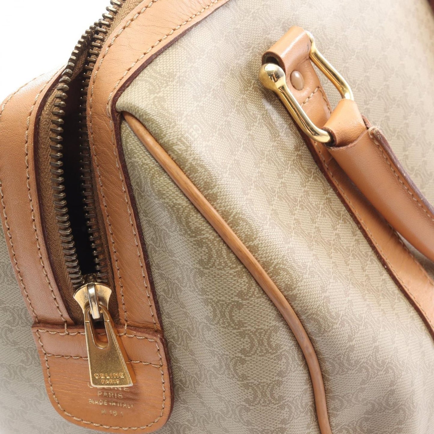 Celine Handbag Macadam Beige Brown Canvas Leather Mini Boston