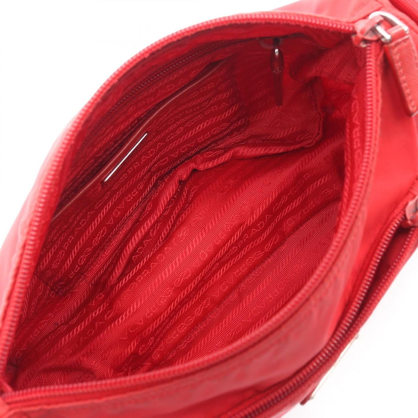 Prada Shoulder Bag Triangle Plate Red Nylon Saffiano Leather Logo