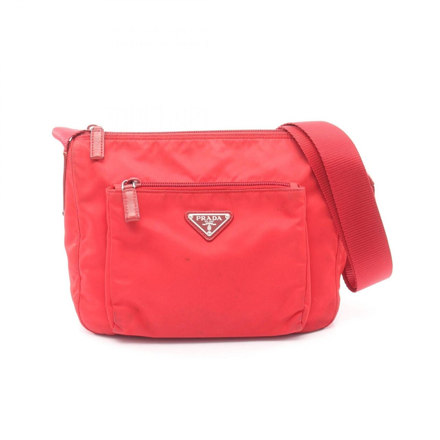 Prada Shoulder Bag Triangle Plate Red Nylon Saffiano Leather Logo