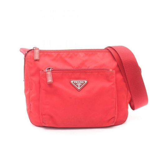 Prada Shoulder Bag Triangle Plate Red Nylon Saffiano Leather Logo