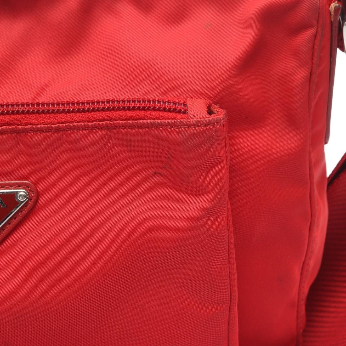 Prada Shoulder Bag Triangle Plate Red Nylon Saffiano Leather Logo