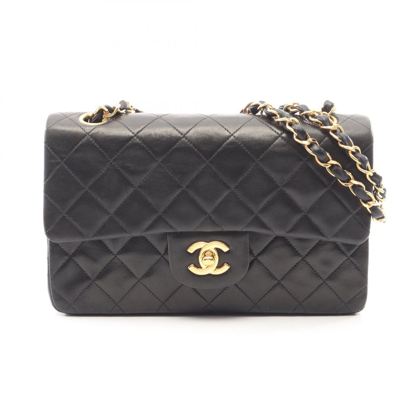 Chanel Shoulder Bag Quilted Double Flap Black Lambskin Chain