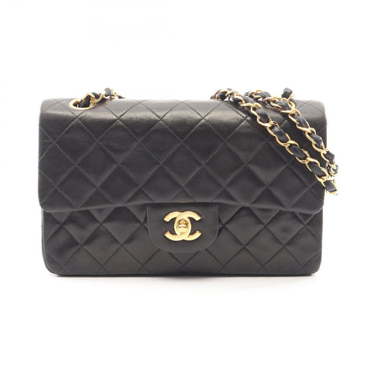 Chanel Shoulder Bag Quilted Double Flap Black Lambskin Chain
