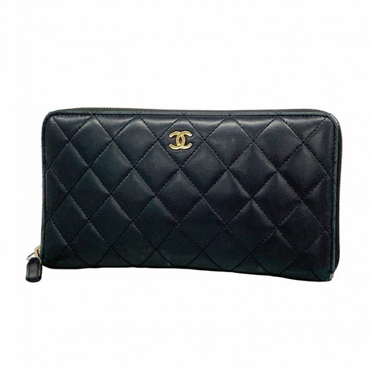 Chanel Wallet Quilted Lambskin Black Champagne Gold