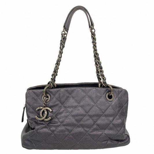 Chanel Chain Tote Quilted Caviar Leather Dark Gray Silver