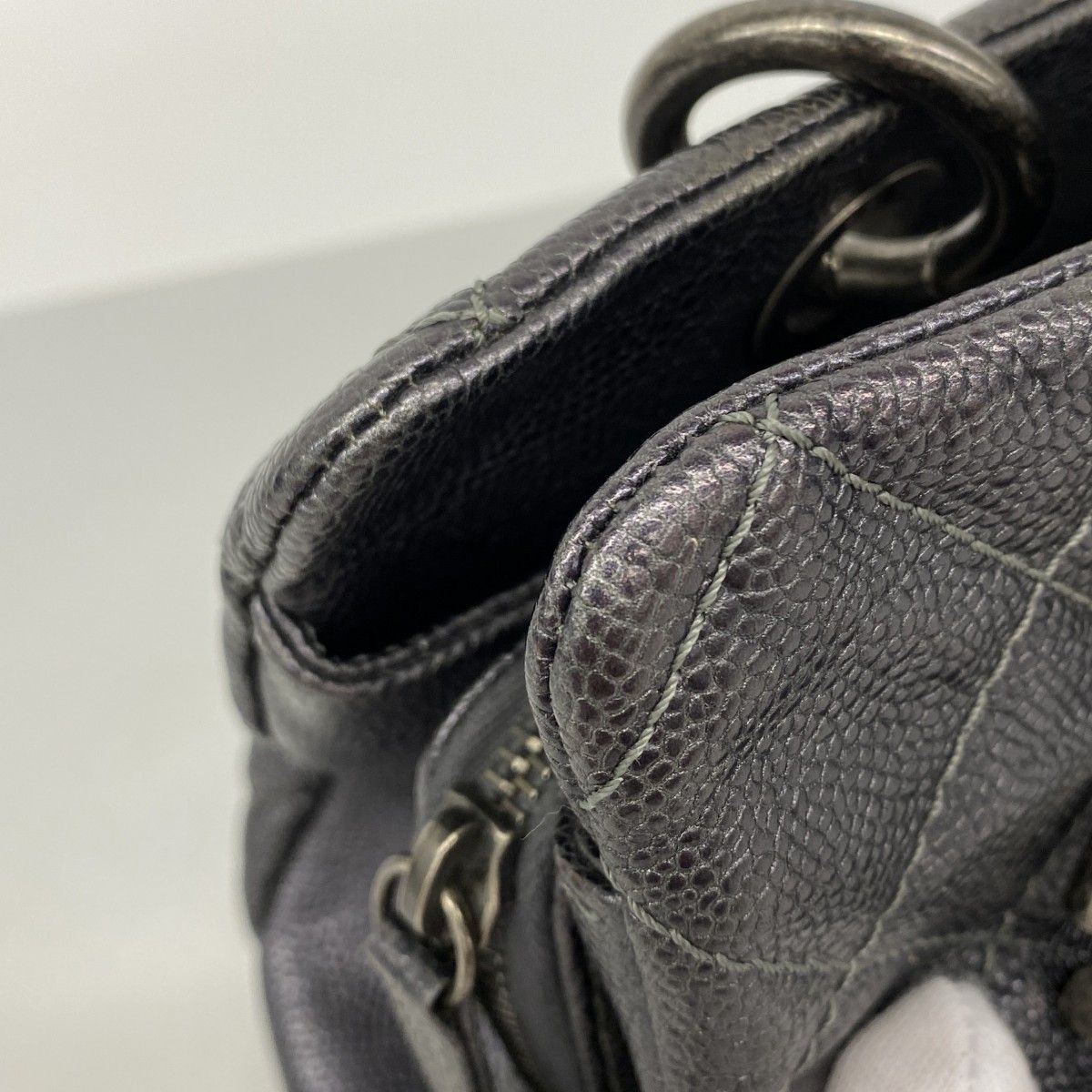Chanel Chain Tote Quilted Caviar Leather Dark Gray Silver