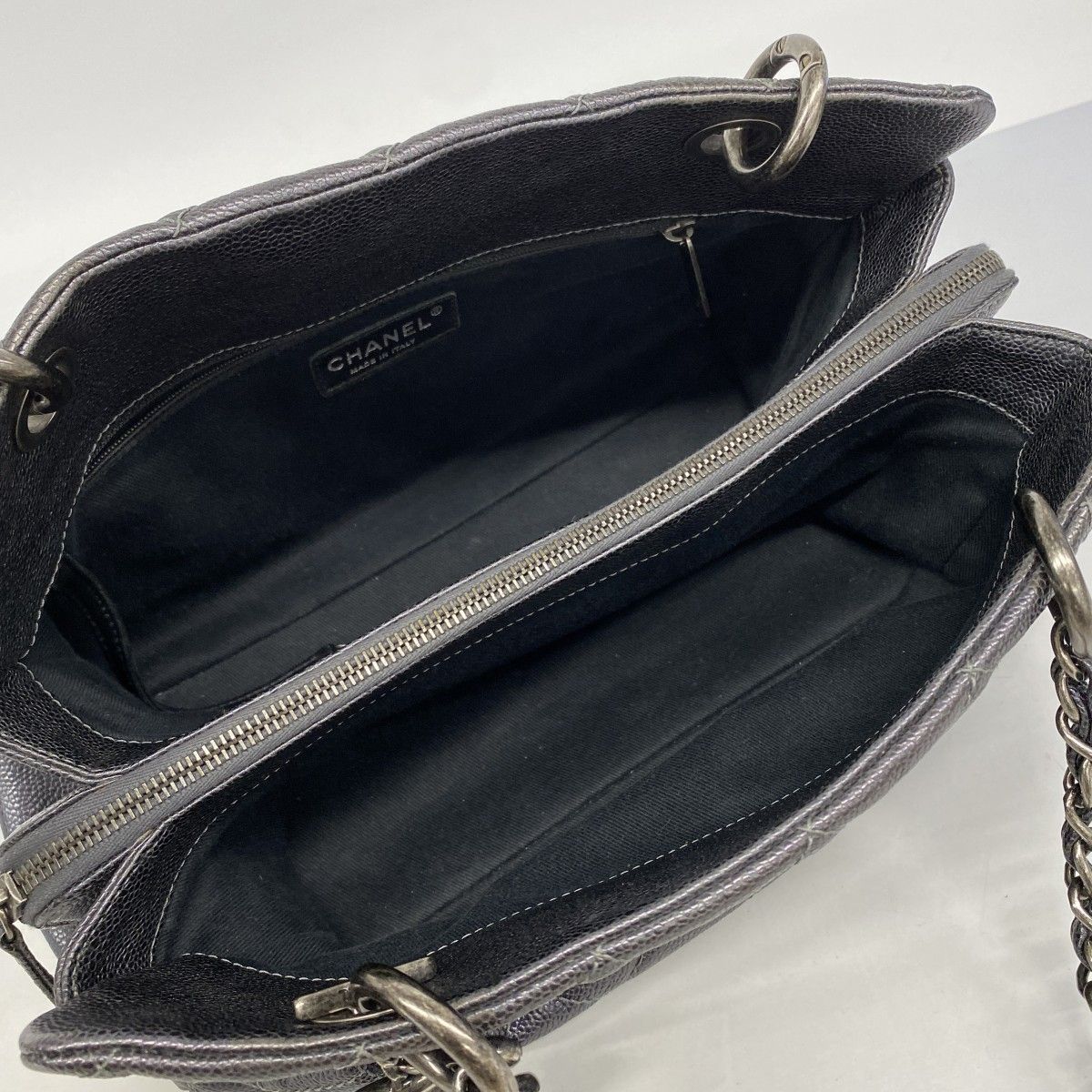 Chanel Chain Tote Quilted Caviar Leather Dark Gray Silver