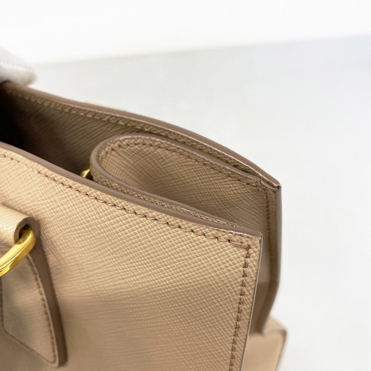 Prada Handbag Saffiano Leather Beige Gold