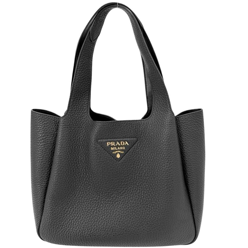 Prada Handbag Triangle Logo Small Leather Tote Black Gold
