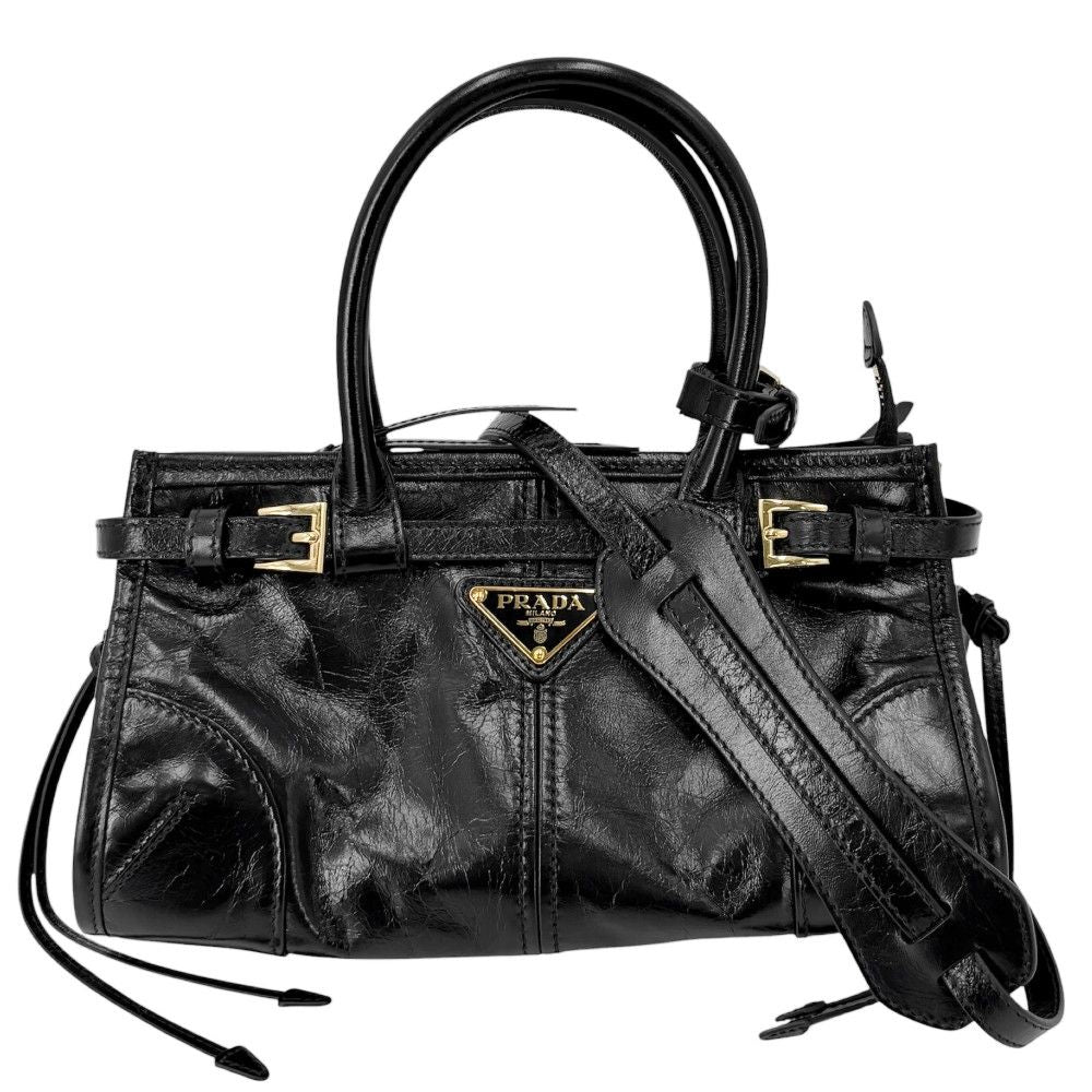 Prada 2-Way Bonnie Mini Crossbody Shoulder Bag Triangle Logo Leather Black Gold