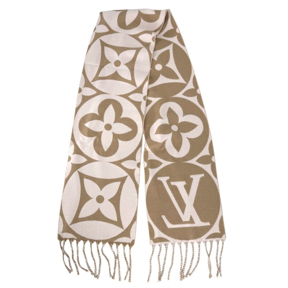 Louis Vuitton Scarf Flight Mode LV Medallion Wool Pink Beige Winter