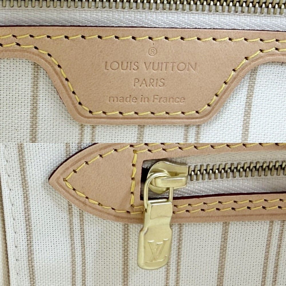 Louis Vuitton Tote Neverfull MM Handbag Shoulder Damier Azur Canvas White Gold