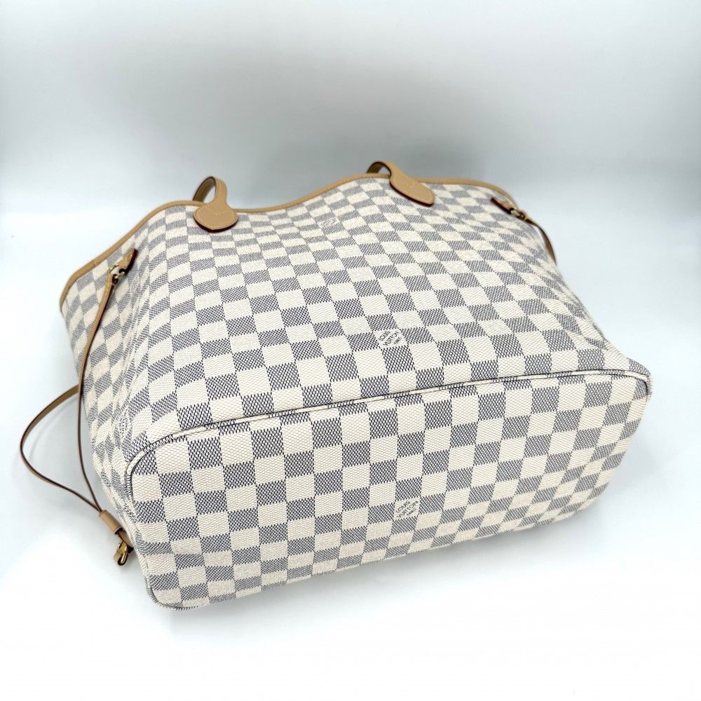 Louis Vuitton Tote Neverfull MM Handbag Shoulder Damier Azur Canvas White Gold
