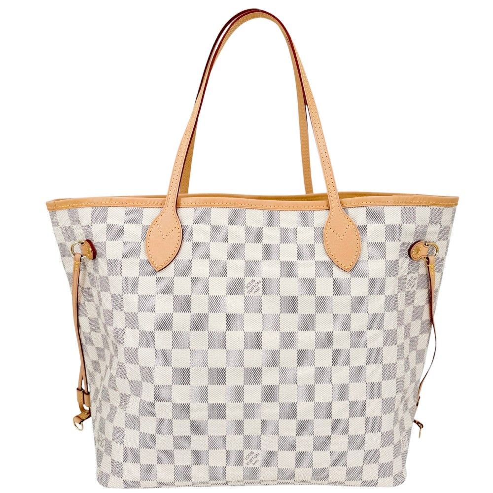 Louis Vuitton Tote Neverfull MM Handbag Shoulder Damier Azur Canvas White Gold