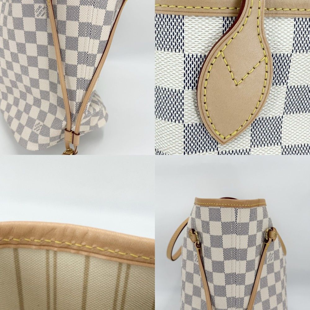 Louis Vuitton Tote Neverfull MM Handbag Shoulder Damier Azur Canvas White Gold